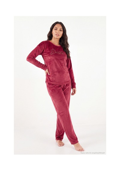 Lela Bisiklet Yaka Yumuşak Dokulu Parlak Kadife Pijama Takımı Kadın Pijama Takımı 6094209 Bordo