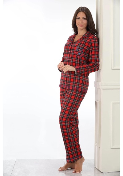 Etoile 98224 Kadın Önden Düğmeli Ekoseli Uzun Kol Pijama Takım 001