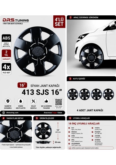 Fiat Uyumlu 16 Inc Kırılmaz Parlak Siyah Jant Kapağı 1 Takım 4 Adet No:413