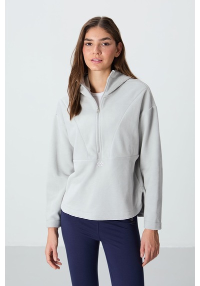 Tommy Life Taş Kalın Yumuşak Dokulu Kapüşonlu Oversize Nakışlı Polar Kadın Sweatshirt -97286 Taş