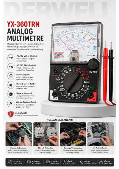 Okul Tipi Multimetre Yx-360trn Analog Multimetre Avometre Hassas İbreli Akım Voltaj Direnç Ölçer, Elektronik Devre Test Cihazı, Sigorta Korumalı Elektrik Ölçüm Aleti, Kırmızı Siyah Problu Test Seti