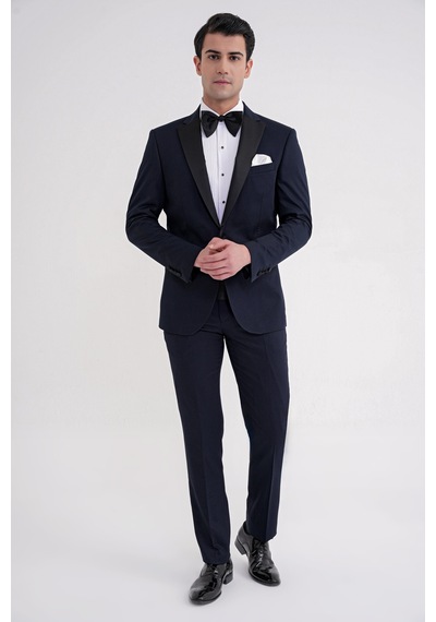 Slim Fit Fleto Cep Çıkarılabilir Saten Yaka Düz Lacivert Damatlık Smokin Takım Altro 032 Lacivert