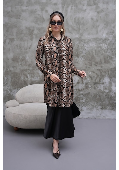 Polologin Butik Yılan Derisi Desenli Tunik Kahverengi & Siyah