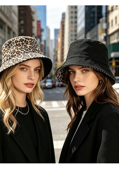 Valkyrie Çift Taraflı Leopar Desenli Siyah Kova Şapka Unisex Reversible Bucket Günlük Yazlık Şapka Kahverengi