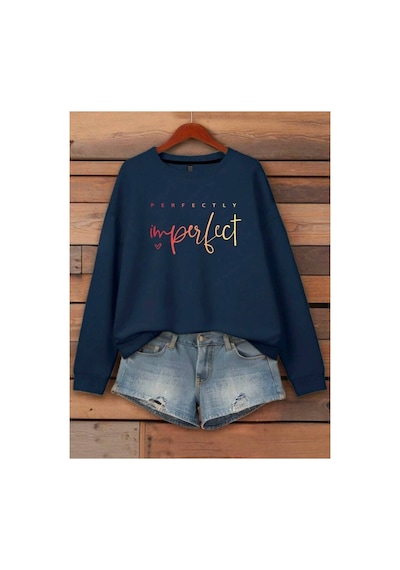 Herkesemoda Perfect Baskılı 2 İplik Şardonlu Bisiklet Yaka Sweatshirt Lacivert