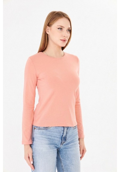 Sortie Collection Bisiklet Yaka Pamuklu Uzun Kollu Basic Penye Tişört Bluz Pudra