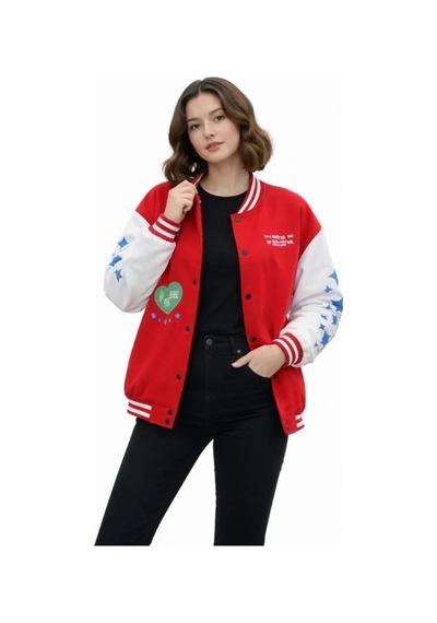 Meleners Kırmızı Varsity Çıtçıtlı Baskılı Oversize Kalıp Kolej Ceket - Kırmızı