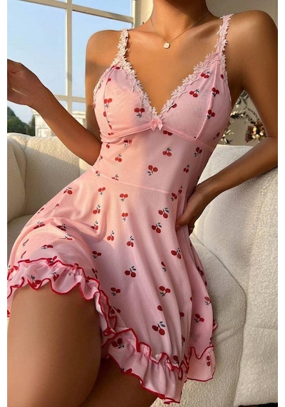 Bella Notte Romantik Pembe Kiraz Baskılı Askılı Tanga Ve Gecelik