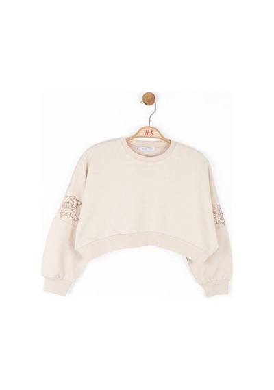 Kız Çocuk Pamuklu Orta Kalınlık Crop Sweatshirt-14713 KREM