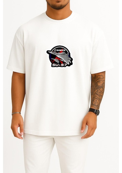Bahriyeli Collection Oversize Sukhoi Su-57 Savaş Uçağı Göğüs Baskılı Unisex T-shirt Beyaz
