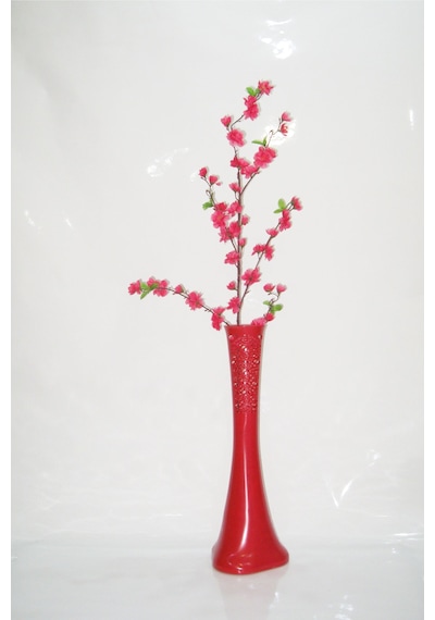 60 Cm Kırmızı Desenli Vazo Fuşya Bahar Dalı
