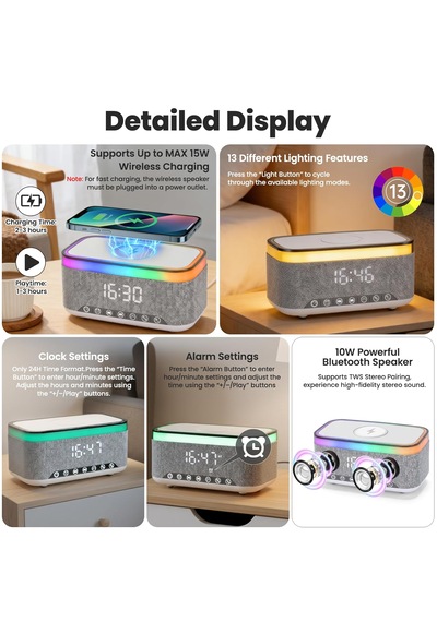 Jedel Sa-148 Kablosuz Işıklı Bluetooth Hoparlör 3in1 - 15w Kablosuz Şarj - Dekoratif Çalar Saat / Alarm - Kablosuz Bluetooth Hoparlör Ses Bombası