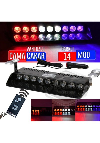 ŞüsCarOto S1 Kumandalı Cam İçi Vantuzlu Polis Çakar 9 Ledli Kırmızı Beyaz Mavi 14 Mod Çakmaklık Girişli (00)