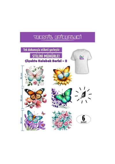 Ütü İle Yapışan Kıyafet Etiketi Çiçekte Kelebek Serisi -2 6lı Set Karışık