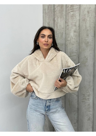 Mamayaga Kadın Crop Boy Yumuşacık Balon Uzun Kol Kapüşonlu Şık Kısa Sweatshirt Bej