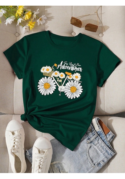 Adventures Baskılı Tasarım Tshirt Yeşil