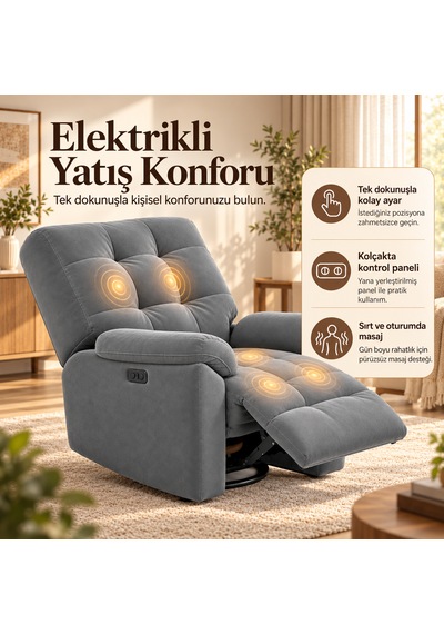 Smarto Relax Porto Masajlı Elektrikli Döner Sallanan Tv Koltuğu Kontrol Panelli Ergonomik Polyester Baba Koltuğu Gri Smarto Relax Porto Masajlı Elektrikli Döner Sallanan Tv Koltuğu Kontrol Panelli Ergonomik Polyester Baba Koltuğu Gri
