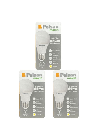 3 Adet Pelsan 8,5w 2700k Sarı Işık E27 Duylu Kalın Duy Led Ampul