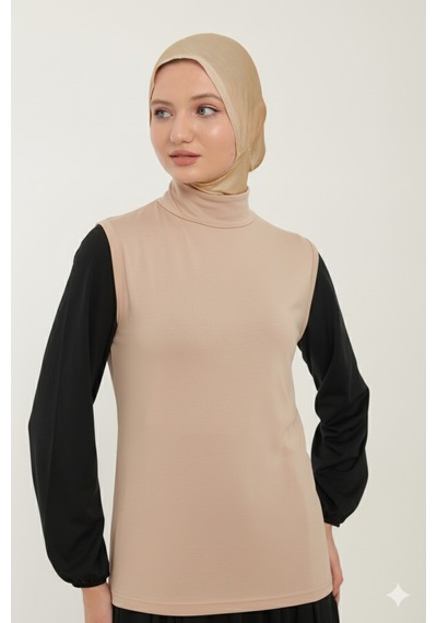 Sonbaharmoda Kadın Sıfır Kollu Yarım Balıkçı Yakalı Penye Likralı Body - Bej Bej