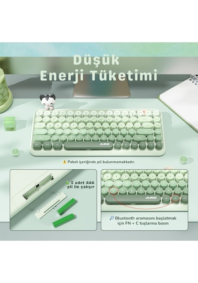 308ı Çok Renkli Daktilo Tarzı Vintage Kablosuz Klavye