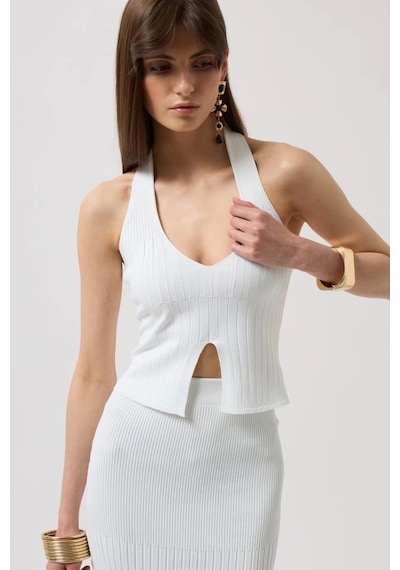Defymoda V Detay Dokulu Crop Bluz Beyaz