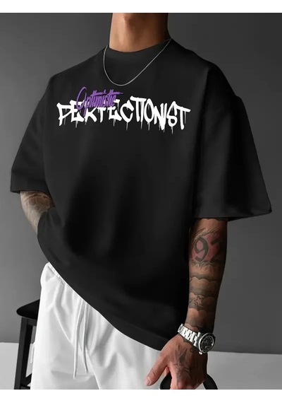 Erkek T-shirt Baskılı Bisiklet Yaka Kısa Kol Tişört - Siyah