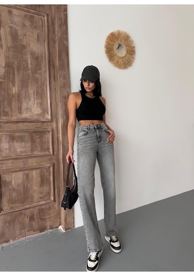 Kadın Straight Likralı Yüksek Bel Boru Paça Kot Pantolon Orta Füme Gri+ortafüme