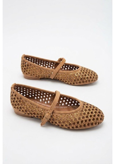 Fort 027-866 Süet Lazer Kesim Delikli Taş İşlemeli Tokalı Baretli Kadın Babet Taba