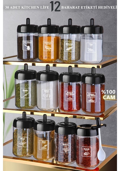 Kitchen Life Kapağı Kendinden Kaşıklı ve Gold Etiketli Cam Baharatlık Seti 12'li 300 ML Siyah - Şeffaf