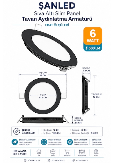 6w Tasarruflu Led Yuvarlak Siyah Kasa Beyaz Işık Sıva Altı Panel Aydınlatma Armatürü 2 Adettir