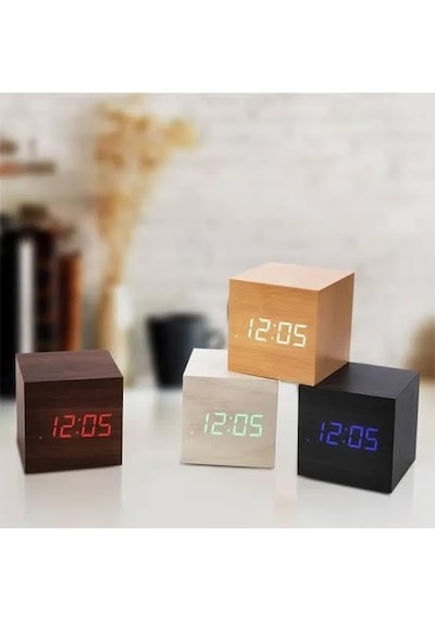 Dijital Led Çalar Saat Masaüstü Ahşap Görünümlü Alarmlı Termometreli Sese Duyarlı Dijital Gizli Küp Saat Diğer