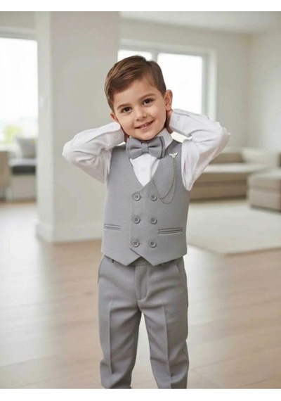 Baby Kids Colors Erkek Çocuk Smokin Takım Elbise 6 Düğmeli Yelekli Papyonlu Zincirli 4'lü Takım Gri