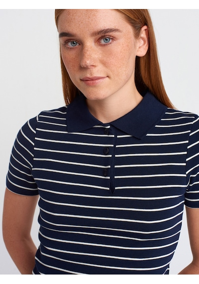 Dilvin 31464 Çizgili Polo Yaka T-shirt Lacivert