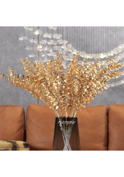 Yapay Çiçek Gold Altın Renk Okaliptus 3dallı Uzun Dal 76cm Eucalyptus