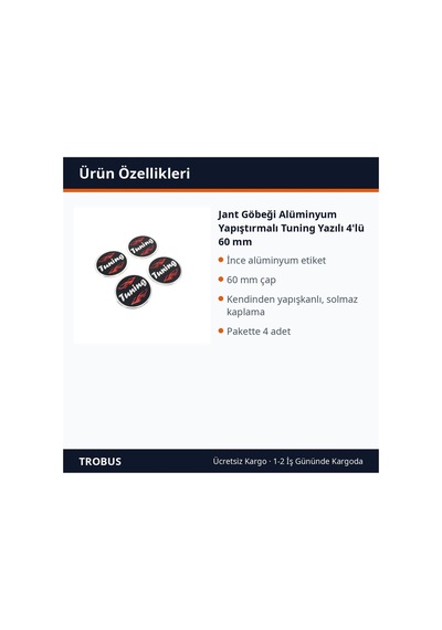 Trobus Jant Göbeği Alüminyum Yapıştırmalı Tuning Yazılı 4'lü 60 Mm
