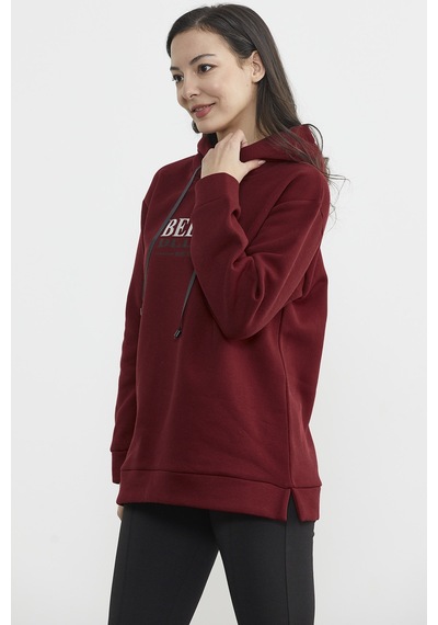 Kapüşonlu İçi Pamuklu Kalın Sweatshirt - Bordo Ekru