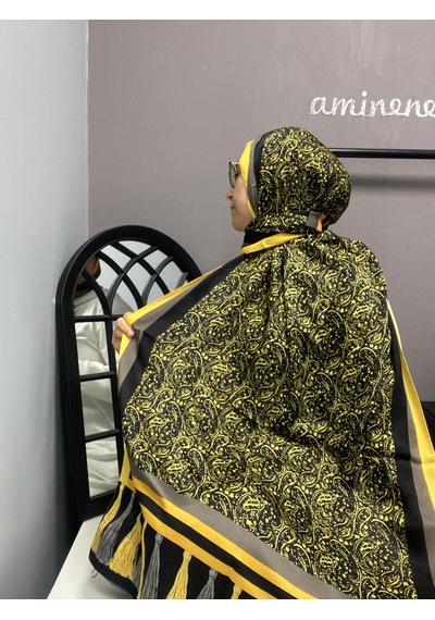 Aminenesil Cardion Premium Etnik Desen Şal Sarı Siyah Renk