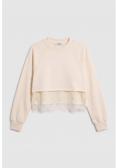 Kadın Bej W6-105 Dantel Detaylı Bol Kesim Tasarım Sweatshirt