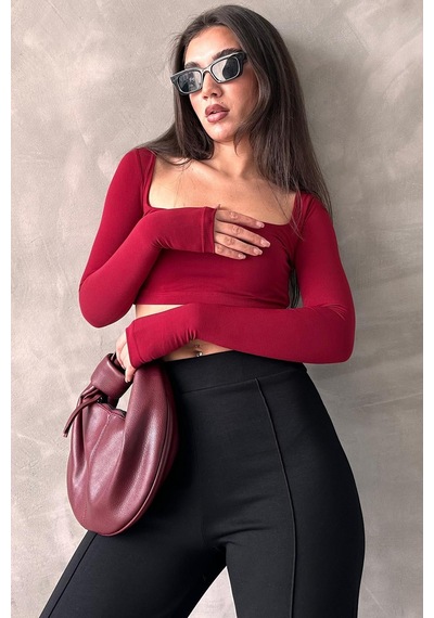 Seeh Bordo Kare Yaka Parmak Detaylı Kadın Body Sh211