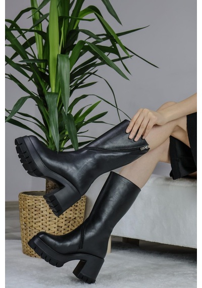 Asmi Shoes Kadın Liva Siyah Cilt Döner Fermuarlı Bot Siyah Siyah