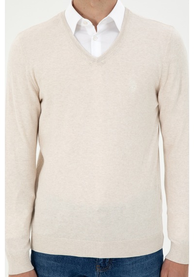 U.S. Polo Assn. Erkek Slim Fit V Yaka Krem Melanj Basic Kazak 50294764-VR159
