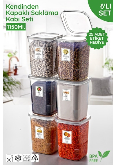 Etiket Hediyeli 6'lı Set Kendinden Kapaklı 1150ml. Kare Saklama Kabı - Mikrodalga Ve Difrize Uygun Beyaz-şeffaf
