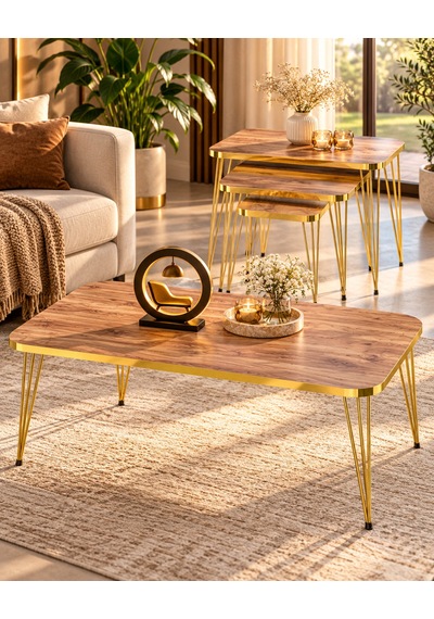 Odera Ceviz Orta Sehpa Ve Zigon Sehpa 4'lü Set Metal Tel Ayaklı Modern Retro Salon Sehpası Diğer