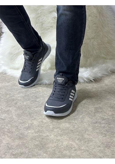 Günlük Erkek Sneaker Fileli Bağcıklı Rahat Esnek Dikiş Detaylı Yürüyüş Spor Ayakkabı 1453 Füme Beyaz