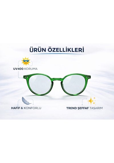 Modatüm Şeffaf Yuvarlak Güneş Gözlüğü Uv400 Korumalı Hafif Modern Tasarım Yeşil