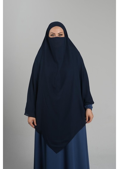 Hürrem Bone Lacivert Pratik Hazır Geçmeli Tesettür Eşarp Medine İpeği Bağcıklı Sufle Hijab 2301 02 Lacivert