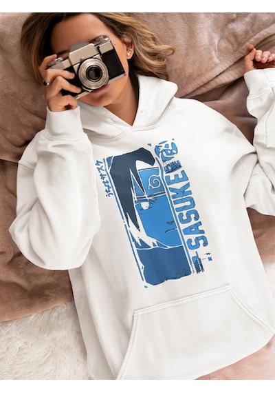 Sevbano Sasuke Uchiha Baskılı Unisex Oversize Naruto Anime Hoodie beyaz