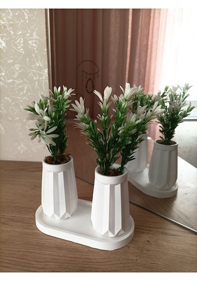 Mini Düz Desenli Beton Saksı İkili Ve Oval Tabak-yapay Çiçek Hediyeli - Beyaz