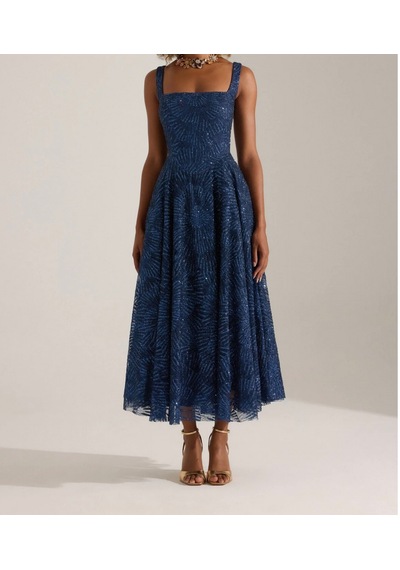 Uzer Abiye Işıltılı Sim Baskılı Jacquard Dokulu Kare Yaka Couture Premium Abiye Elbise,düğün Albisesi Lacivert