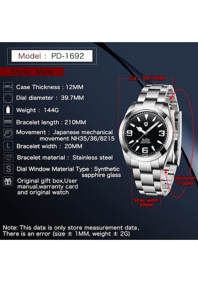 Pd-1692 Air King Erkek 39mm 200m Su Geçirmez Nh35 Otomatik Mekanik Saat Safir Kristal Işıklı İş Saat Gümüş